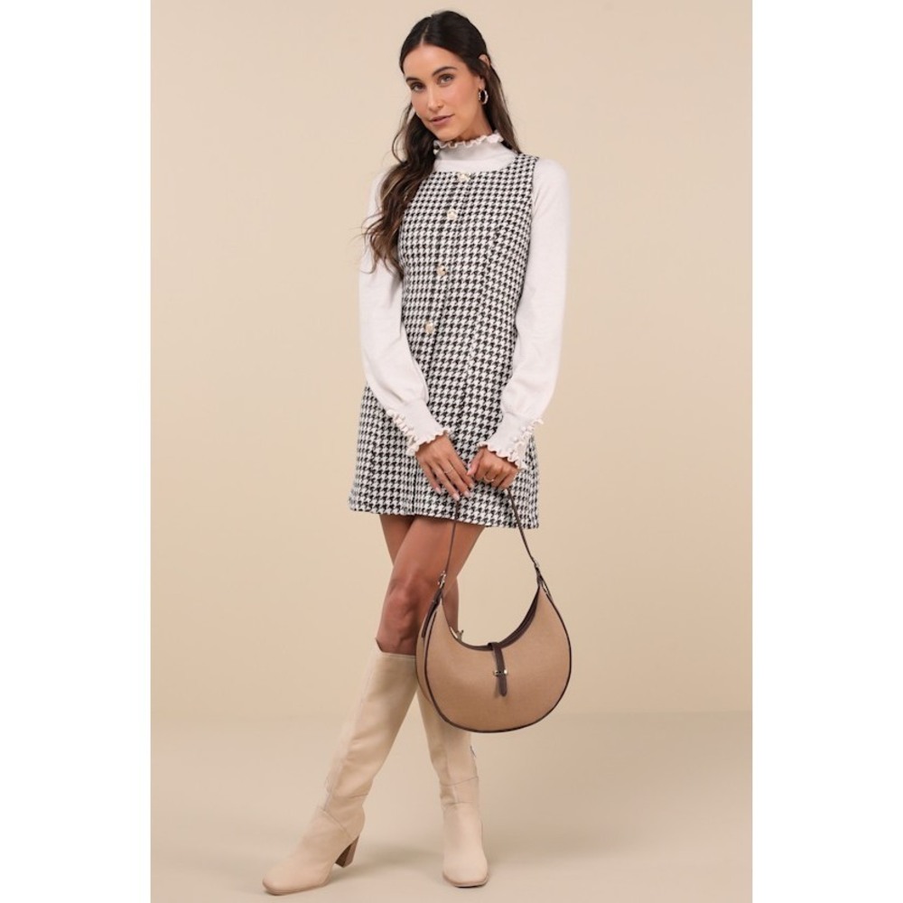 Lulus Brown Houndstooth Button-front Shift Mini Dress - Size XL, new - tags on